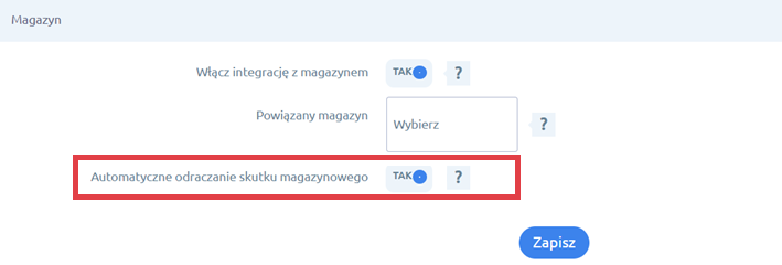 Włącz opcję: Automatyczne odraczanie skutku magazynowego Panel administracyjny sklepu > Dodatki i integracje > Moje aplikacje > Shoper - Faktury i Magazyn > Konfiguracja > Magazyn