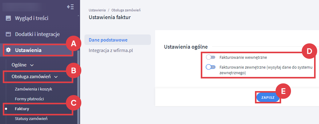 Dezaktywuj opcje dla fakturowania wewnętrznego i zewnętrznego w sklepie Shoper Panel administracyjny sklepu > Ustawienia > Obsługa zamówień > Faktury > Fakturowanie wewnętrzne i zewnętrzne