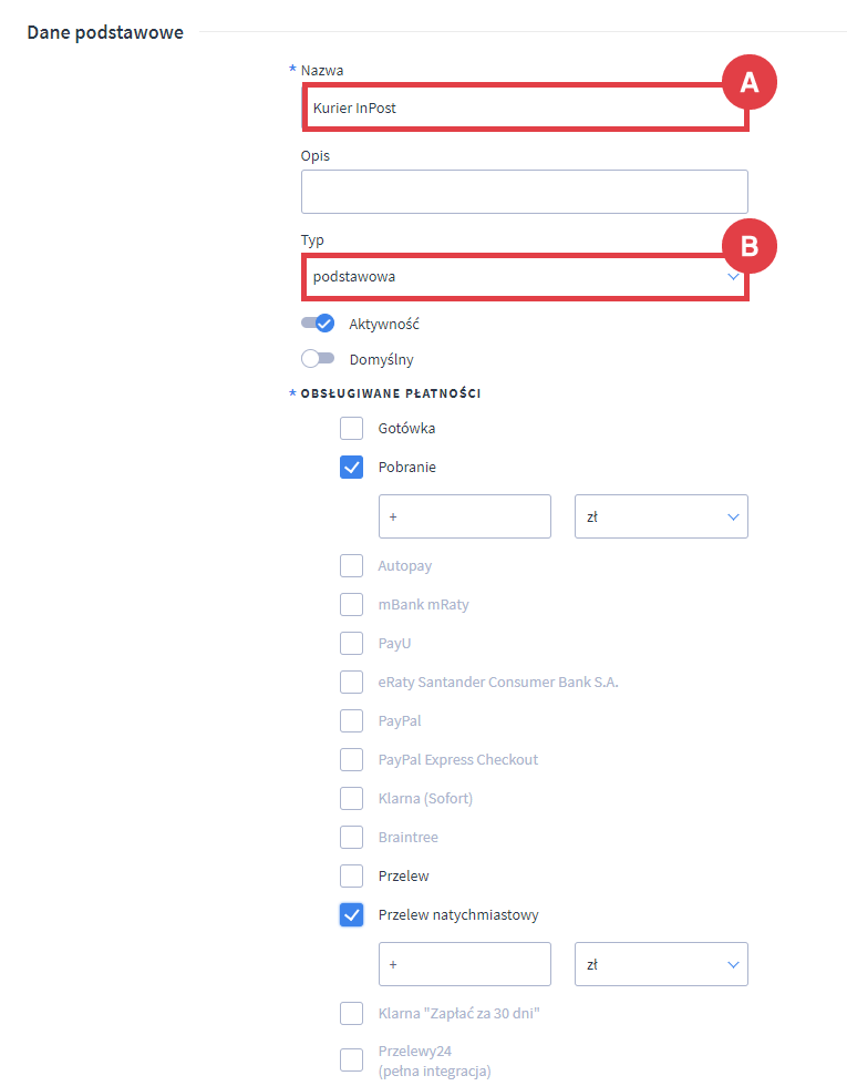 Panel administracyjny sklepu > Ustawienia > Obsługa zamówień > Formy dostawy > Dodaj dostawę > InPost Express