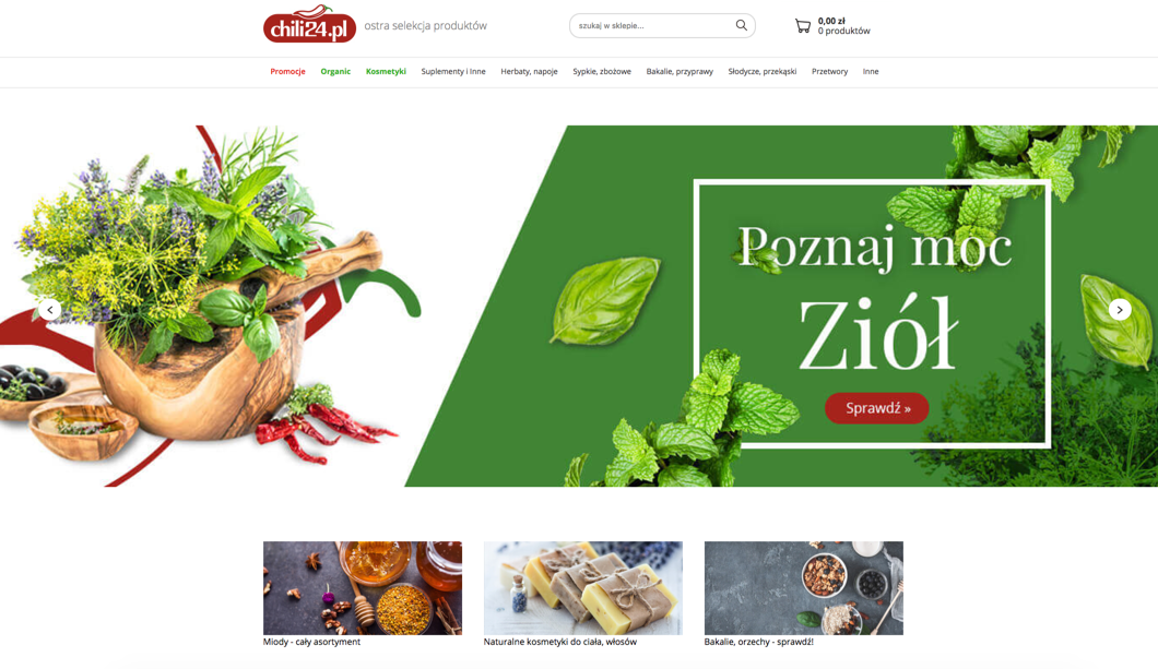 Strona główna sklepu Chili24.pl ze zdrową żywnością i nie tylko Sprzedaż zdrowej żywności i naturalnych kosmetyków w sklepie Chili24.pl