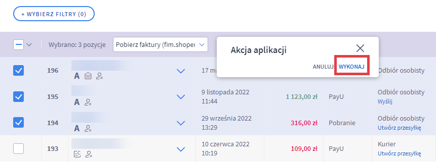 Panel administracyjny sklepu > Obsługa sklepu > Zamówienia > Pozycje > Pobierz faktury > Potwierdzenie operacji