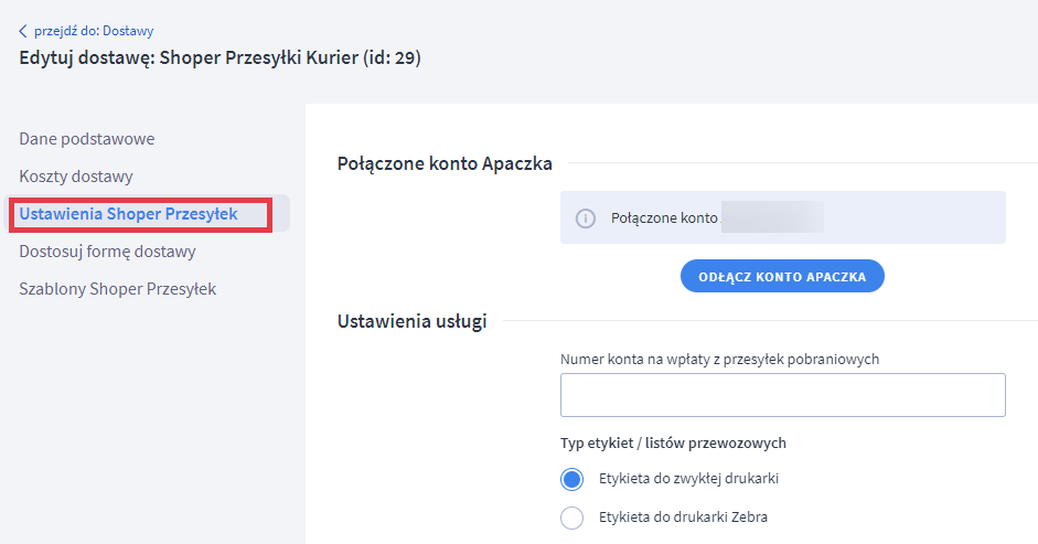 Ustawienia Shoper Przesyłek z opcjami rejestracji nowego konta lub zalogowania do istniejącego Panel administracyjny sklepu > Ustawienia > Obsługa zamówień > Formy dostawy