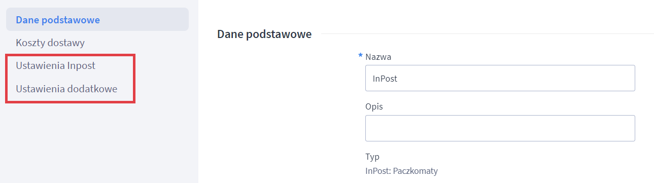 Ustawienia dla bezpośredniej integracji z InPost Panel administracyjny sklepu > Ustawienia > Obsługa zamówień > Formy dostawy