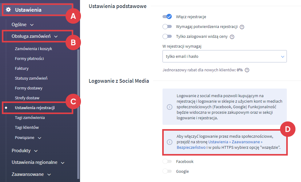 Panel administracyjny sklepu > Ustawienia > Obsługa zamówień > Ustawienia rejestracji > Logowanie z Social Media