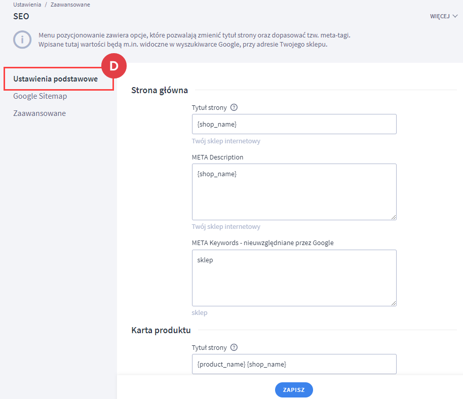 Przejdź do ustawień pozycjonowania w sklepie internetowym na platformie Shoper Panel administracyjny > Ustawienia > Zaawansowane > SEO