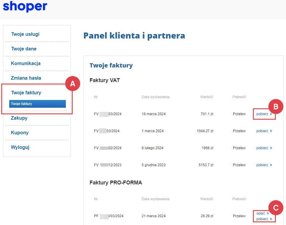 Widok zakładki Twoje faktury Panel klienta > Twoje faktury