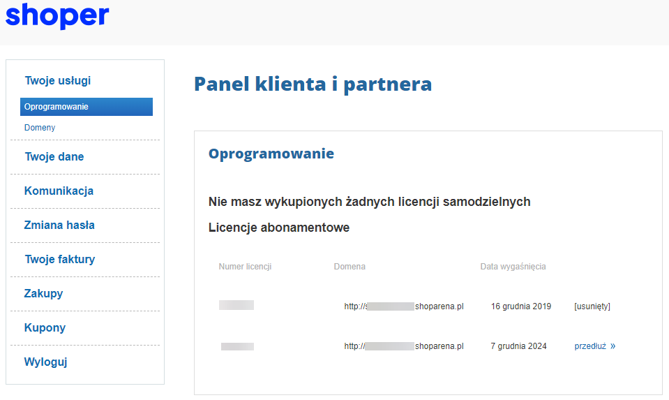 Widok panelu klienta po zalogowaniu Panel klienta > Twoje usługi