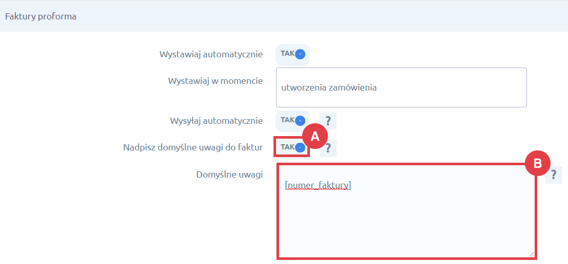 Nadpisz domyślne uwagi odpowiednimi znacznikami na fakturze proforma Integracja Shoper Faktury i Magazyn > Konfiguracja > Faktury proforma > Domyślne uwagi