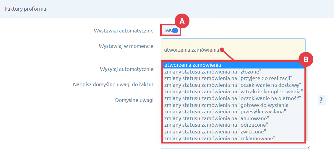 Zdecyduj. w którym momencie program będzie wystawiał faktury proforma Integracja Shoper Faktury i Magazyn > Konfiguracja > Faktury proforma > Wystawianie dokumentu
