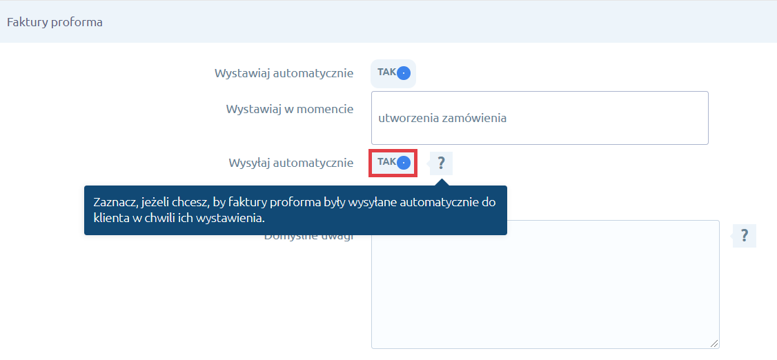 Zaznacz, jeżeli chcesz, by proforma była wysyłana automatycznie do klienta w chwili wystawienia Integracja Shoper Faktury i Magazyn > Konfiguracja > Faktury proforma > Wysyłaj automatycznie dokumenty
