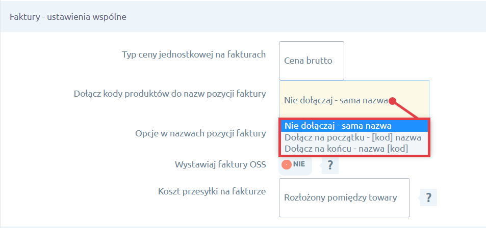 Dołącz kody produktów do nazw pozycji faktury Integracja Shoper Faktury i Magazyn > Konfiguracja > Ustawienia wspólne > Kody produktów