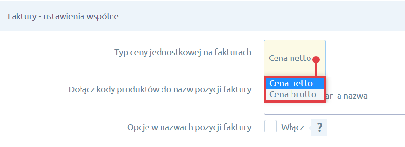 Wybierz typ ceny jednostkowej na fakturach Integracja Shoper Faktury i Magazyn > Konfiguracja > Ustawienia wspólne > Ceny jednostkowe
