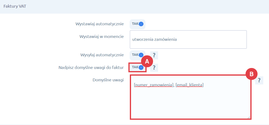 Dodaj numer zamówienia w polu: Domyślne uwagi Integracja Shoper Faktury i Magazyn > Konfiguracja > Faktury VAT > Domyślne uwagi