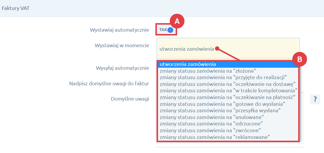 Wybierz, kiedy ma zostać wystawiona faktura VAT w sklepie internetowym Integracja Shoper Faktury i Magazyn > Konfiguracja > Faktury VAT > Wystawianie dokumentu sprzedaży