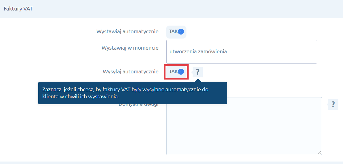 Włącz opcję automatycznego wysyłania faktury do klientów sklepu Integracja Shoper Faktury i Magazyn > Konfiguracja > Faktury VAT > Automatyczne wysyłanie do klientów