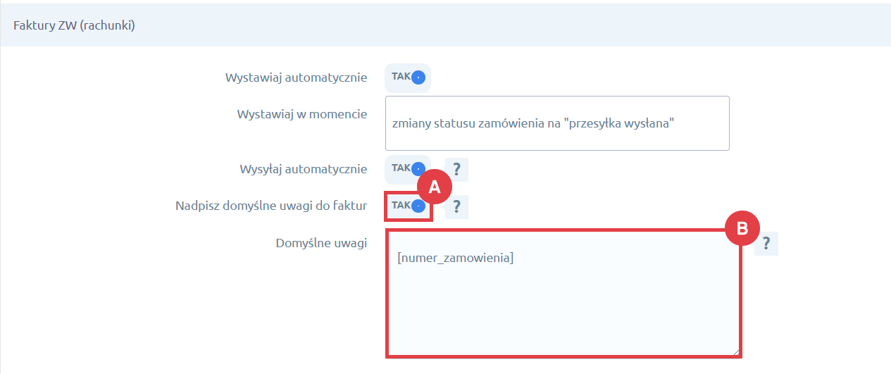 Integracja Shoper Faktury i Magazyn > Konfiguracja > Faktury ZW (rachunki) > Domyślne uwagi