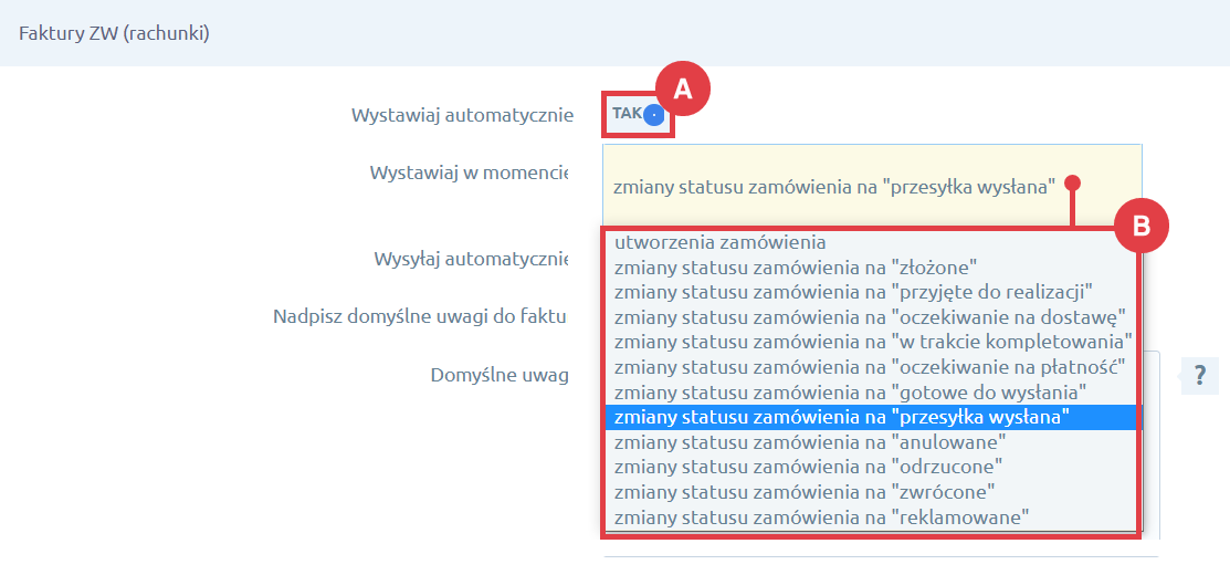 Integracja Shoper Faktury i Magazyn > Konfiguracja > Faktury ZW (rachunki) > Wystawianie dokumentu
