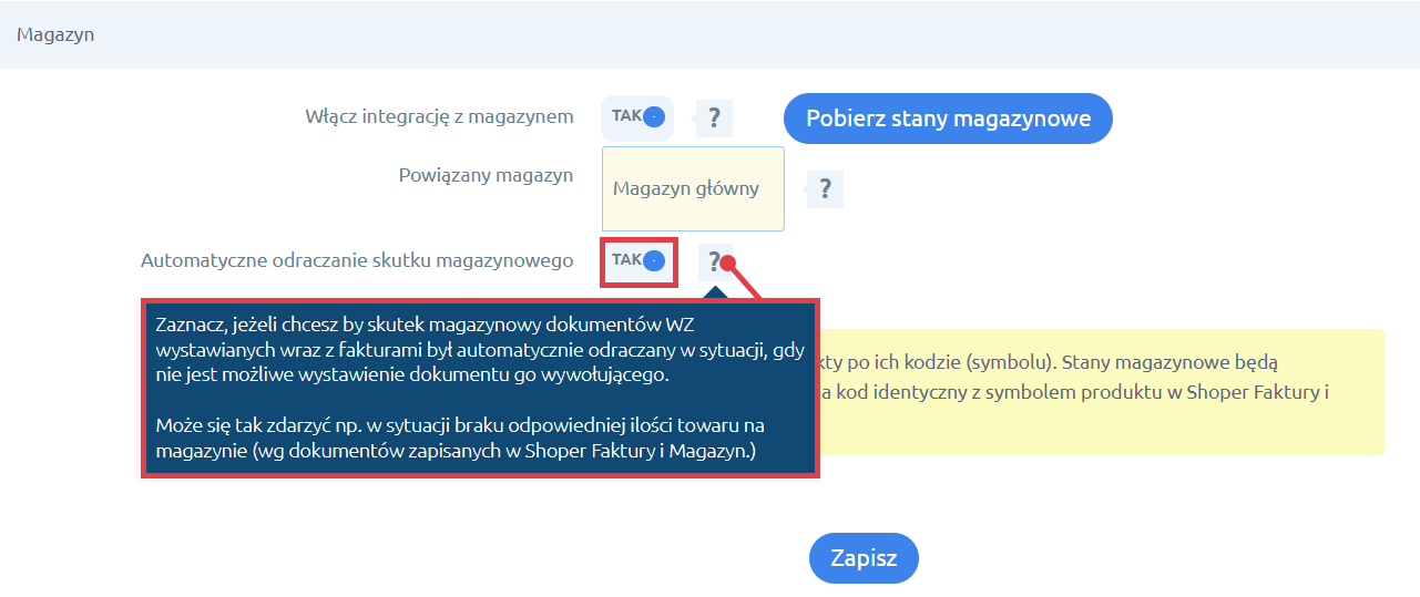 Aktywacja automatycznego odraczania skutku magazynowego Ustawienia aplikacji Shoper - Faktury i Magazyn w sklepie > Sekcja Magazyn > Automatyczne odraczanie skutku magazynowego
