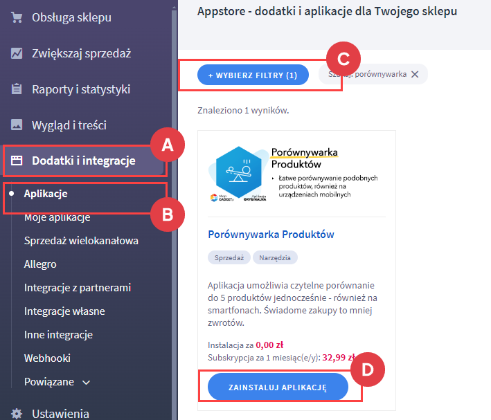 Wyszukaj aplikację do instalacji Panel administracyjny > Dodatki i integracje > Aplikacje