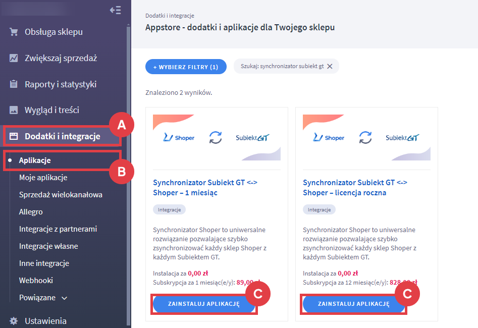 Wybierz wersję i zainstaluj aplikację Synchronizator Subiekt GT - Shoper Panel administracyjny sklepu > Dodatki i integracje > Aplikacje > Synchronizator Subiekt GT - Shoper