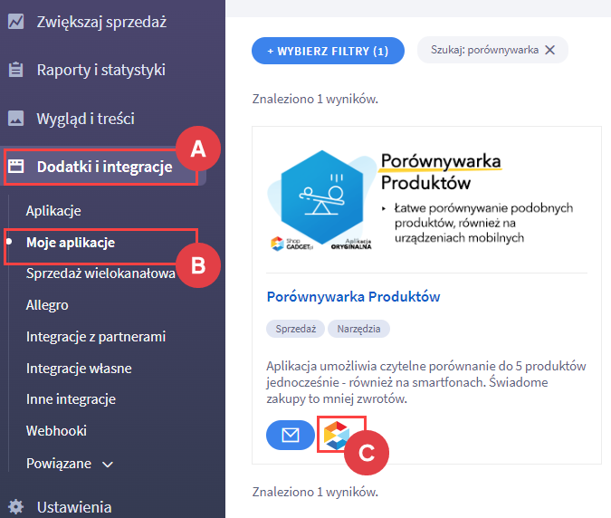 Przejdź do ustawień aplikacji Panel administracyjny > Dodatki i integracje > Moje aplikacje