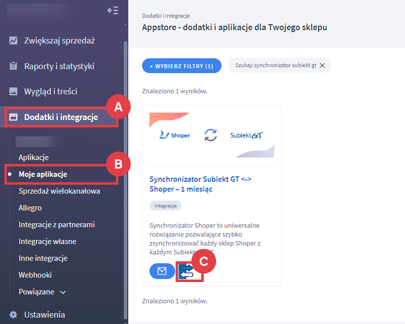 Skonfiguruj integrację sklepu Shoper z każdym Subiektem GT Panel administracyjny sklepu > Dodatki i integracje > Moje aplikacje > Synchronizator Subiekt GT - Shoper