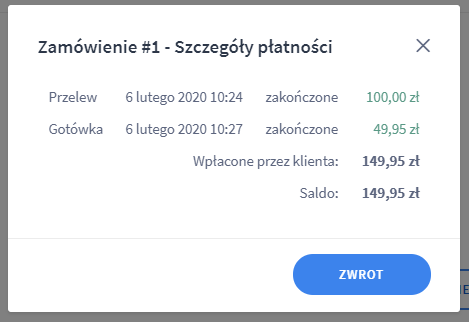 Panel administracyjny sklepu > Obsługa sklepu > Zamówienia > Podgląd zamówienia > Zarządzaj transakcjami > Dodaj wpłatę > Szczegóły płatności