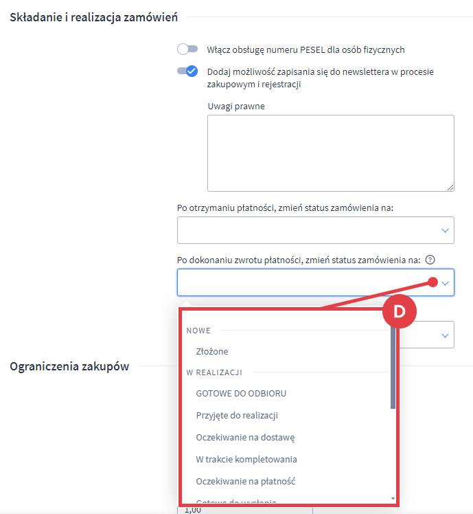 Wybierz status zamówienia po dokonaniu zwrotu przez klienta sklepu Panel administracyjny sklepu > Ustawienia > Obsługa zamówień > Zamówienia i koszyk > Składanie i realizacja zamówień > Zmiana statusu zamówienia po dokonaniu zwrotu