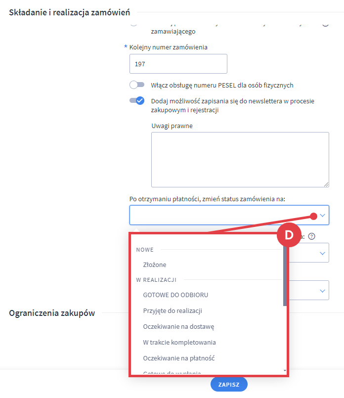 Zmień status zamówienia po otrzymaniu płatności w sklepie internetowym na platformie Shoper Panel administracyjny sklepu > Ustawienia > Obsługa zamówień > Zamówienia i koszyk > Składanie i realizacja zamówień > Zmiana statusu zamówienia po otrzymaniu płatności