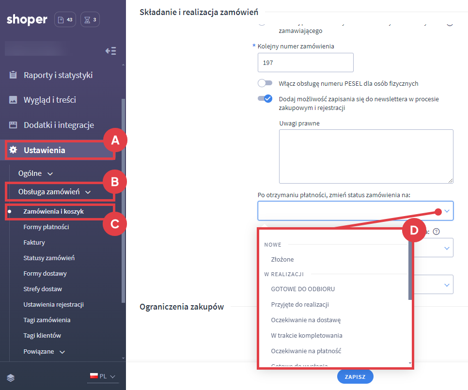 Panel administracyjny sklepu > Ustawienia > Obsługa zamówień > Zamówienia i koszyk > Składanie i realizacja zamówień > Zmiana statusu zamówienia po otrzymaniu płatności