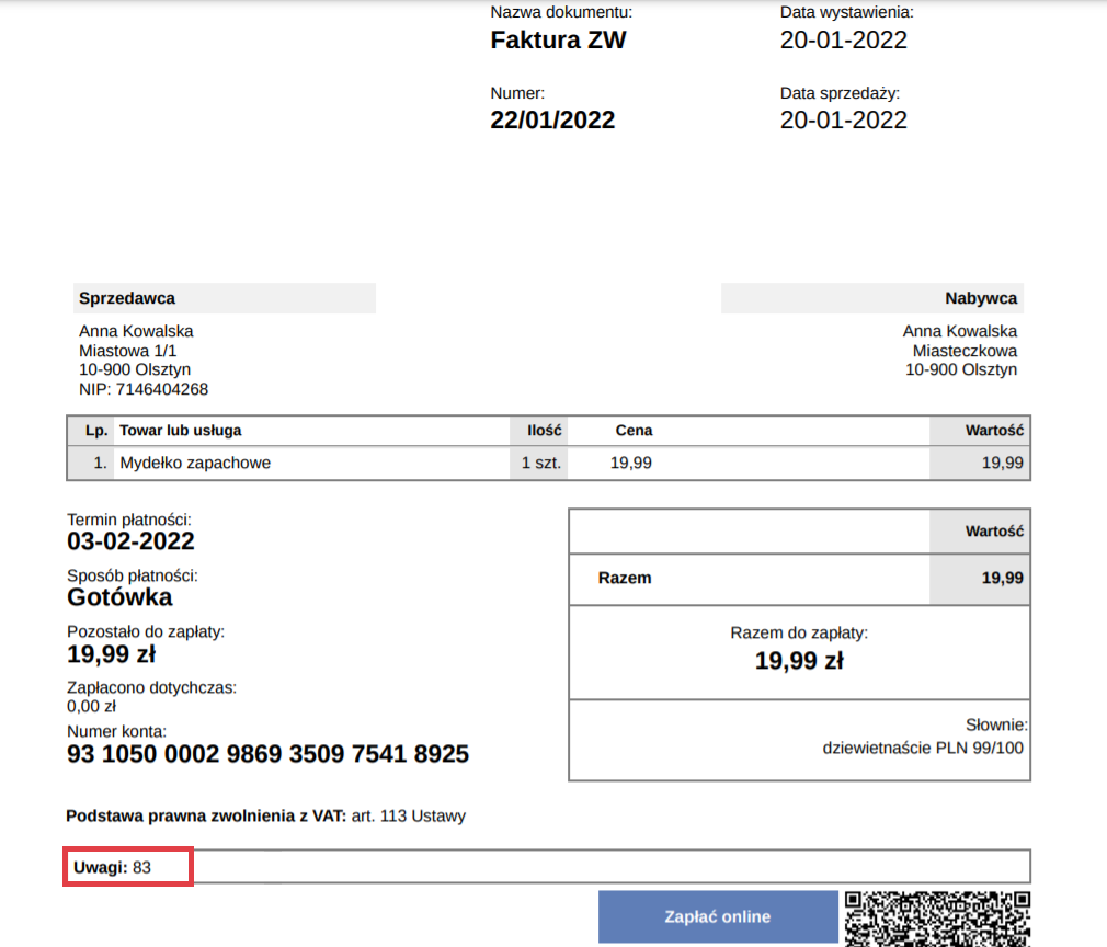 Faktura ZW > Uwagi > Numer zamówienia