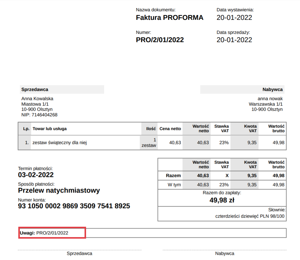 Przykładowy widok wygenerowanej faktury proforma z numerem w uwagach Faktura Proforma > Uwagi