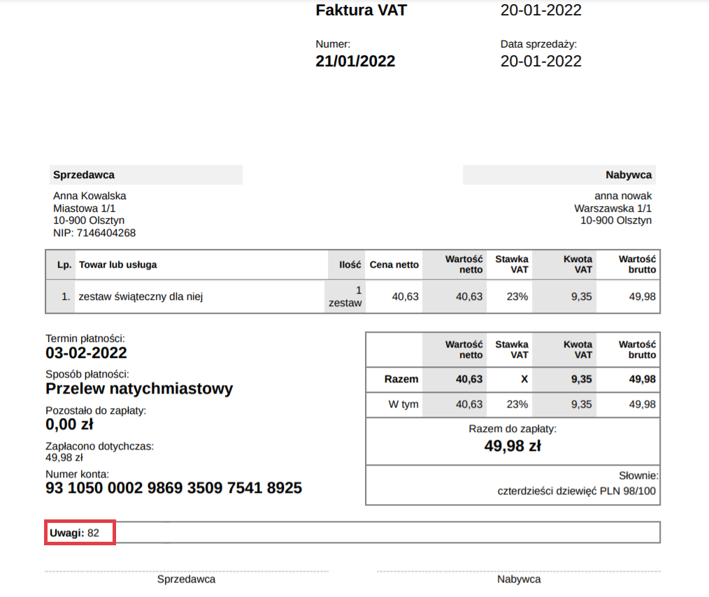 Przykładowy widok faktury VAT z numerem zamówienia w uwagach Faktura VAT > Uwagi > Numer zamówienia sklepu
