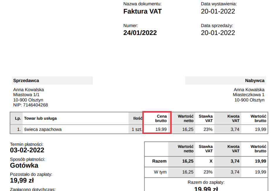 Przykładowy widok faktury VAT z ceną jednostkową brutto Faktura VAT > Cena jednostkowa > Brutto