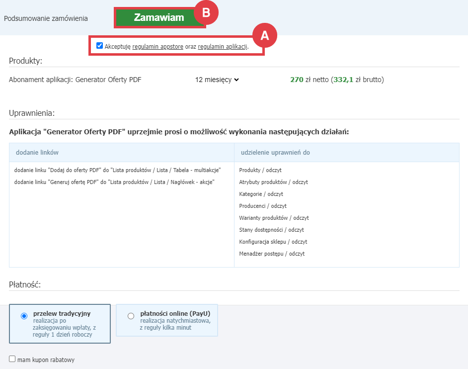 Panel administracyjny sklepu > Dodatki i integracje > Aplikacje > Generator Oferty PDF > Zamawianie abonamentu