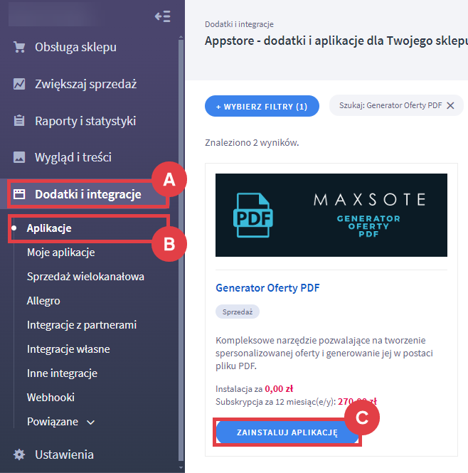 Panel administracyjny sklepu > Dodatki i integracje > Aplikacje > Generator Oferty PDF