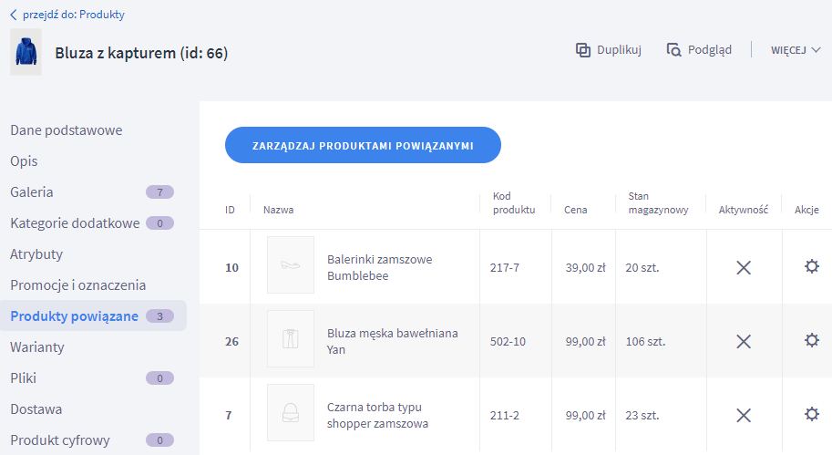 Panel administracyjny > Obsługa sklepu > Produkty > Edycja produktu > Produkty powiązane