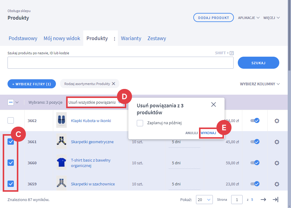 Zaznacz produkty, dla których chcesz usunąć wszystkie powiązania i kliknij: WYKONAJ Panel administracyjny sklepu > Obsługa sklepu > Produkty > Multiakcje > Usuń wszystkie powiązania