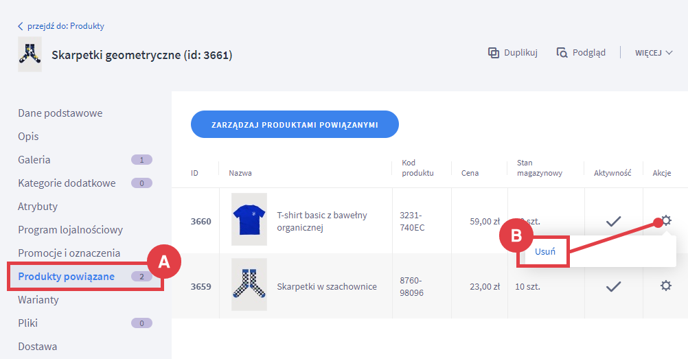 Edycja produktu > Produkty powiązane