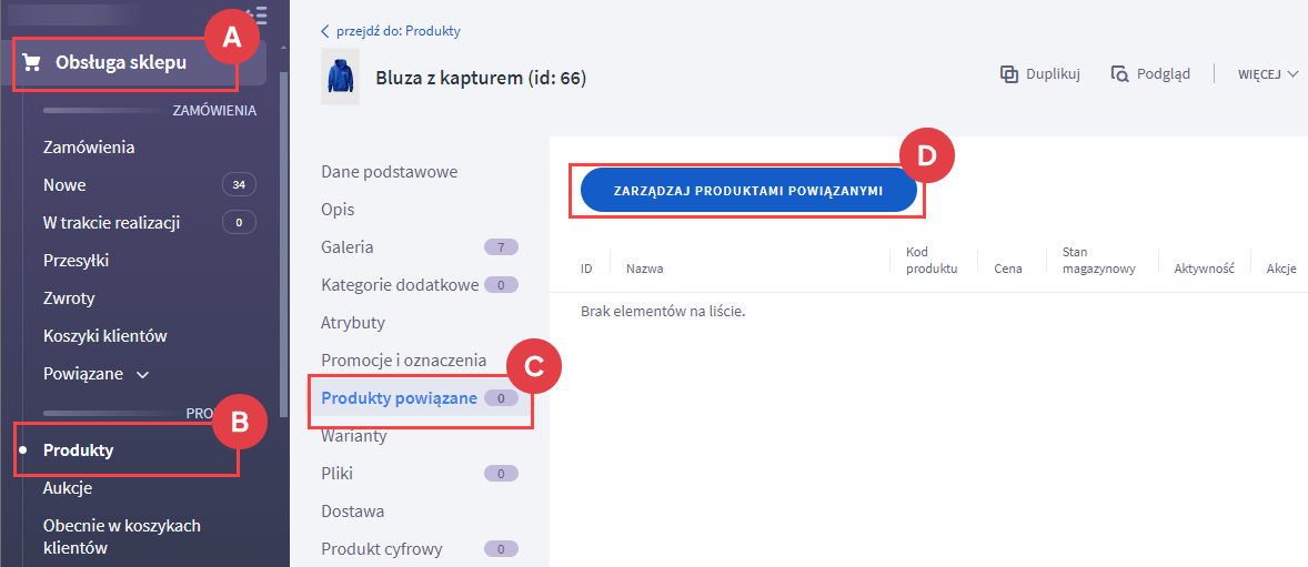 Panel administracyjny > Obsługa sklepu > Produkty > Edycja produktu > Powiązane Produkty