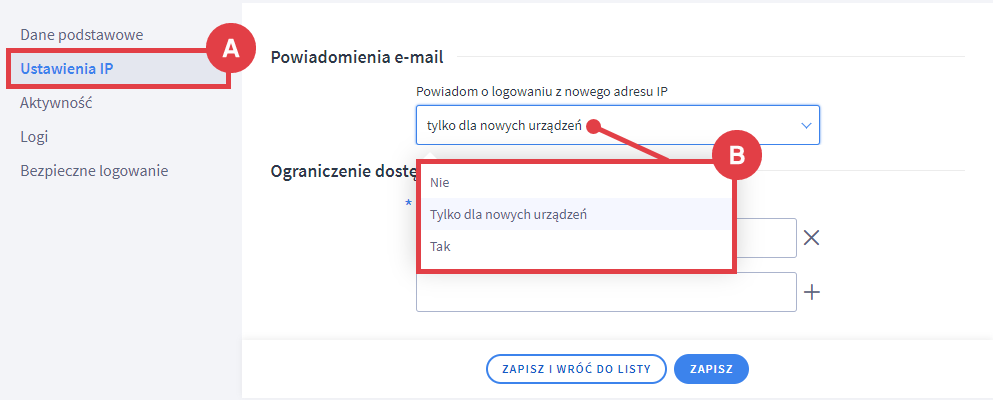 Wybierz dostępną opcję dla powiadomień o logowaniu administratora z nowego adresu IP Panel administracyjny sklepu > Ustawienia > Ogólne > Administratorzy sklepu > Administrator > Ustawienia IP > Powiadomienia e-mail
