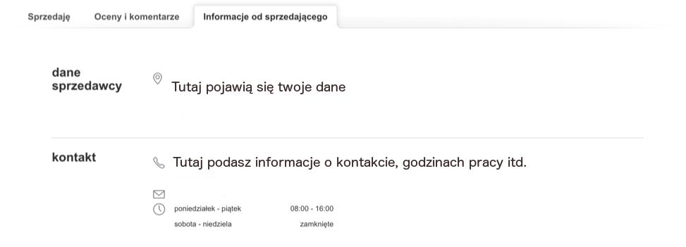 Przykład uzupełnionej zakładki Informacje od sprzedającego Uzupełnione informacje o sprzedającym