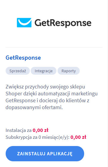 Zainstaluj aplikację GetResponse w sklepie Shoper