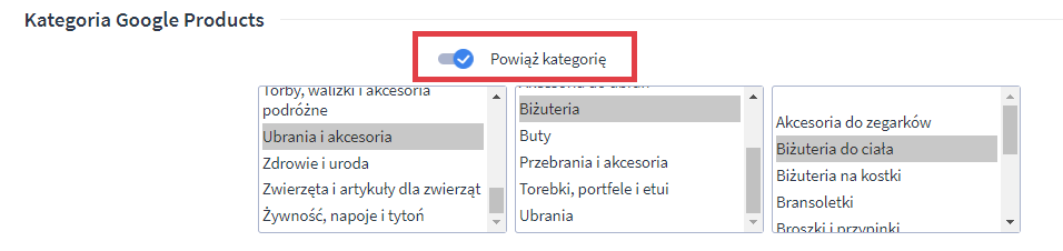 Powiąż kategorię sklepową z kategorią Google Products Panel administracyjny sklepu > Obsługa sklepu > Kategorie