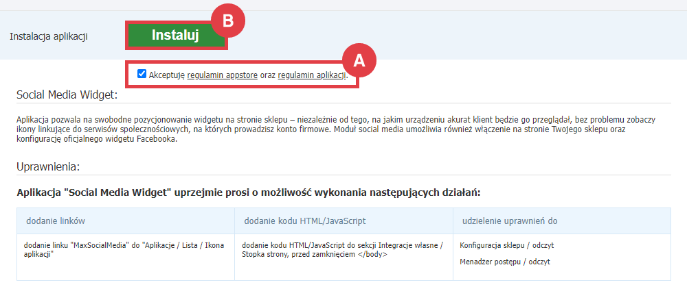Panel administracyjny sklepu > Dodatki i integracje > Aplikacje > Social Media Widget > Instalacja