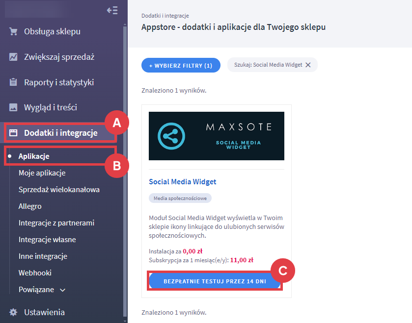Panel administracyjny sklepu > Dodatki i integracje > Aplikacje > Social Media Widget