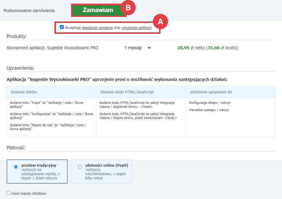 Zamów abonament aplikacji Sugestie Wyszukiwarki Pro w Panelu administracyjnym sklepu Panel administracyjny sklepu > Dodatki i integracje > Aplikacje > Sugestie Wyszukiwarki Pro > Zamawianie abonamentu