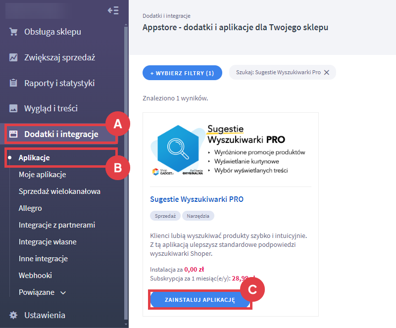 Skorzystaj z ulepszonych sugestii wyszukiwarki w swoim sklepie internetowym Panel administracyjny sklepu > Dodatki i integracje > Aplikacje > Sugestie Wyszukiwarki Pro