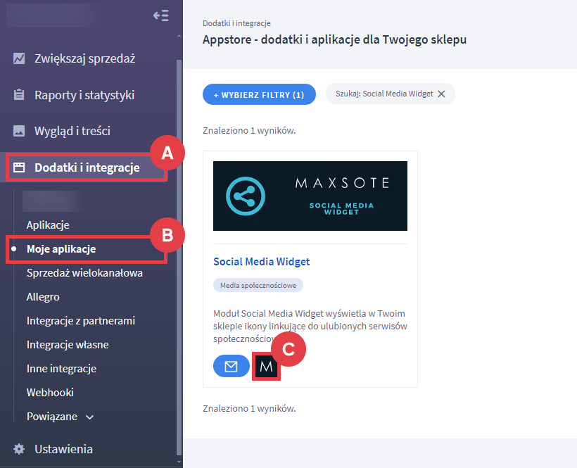 Panel administracyjny sklepu > Dodatki i integracje > Moje aplikacje > Social Media Widget