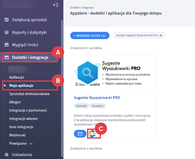 Uruchom i skonfiguruj podpowiedzi produktów w wyszukiwarce sklepu internetowego Panel administracyjny sklepu > Dodatki i integracje > Moje aplikacje > Sugestie Wyszukiwarki Pro